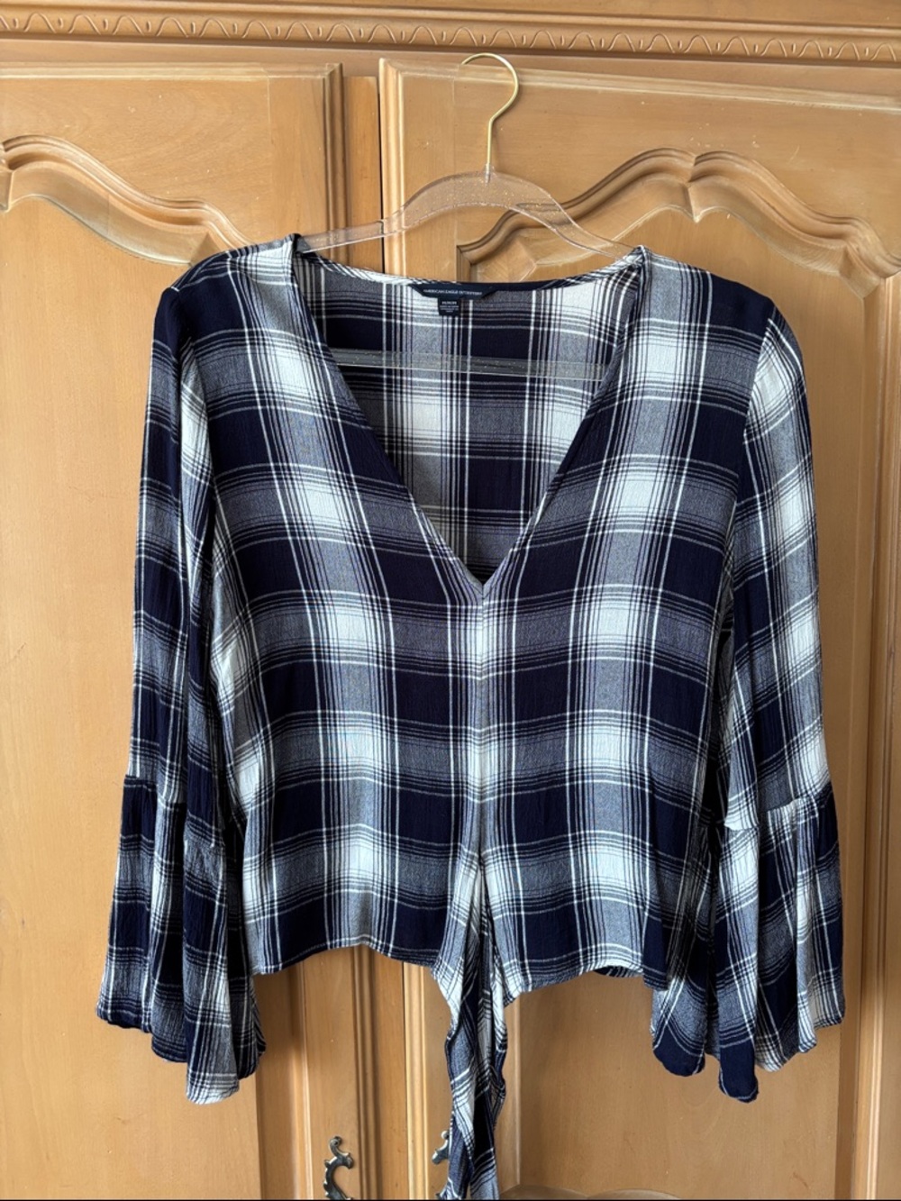 American Eagle Outfitters Navy and White Plaid Tie-Front V-Neck Blouse